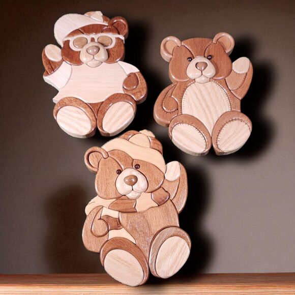 Set of 3 Wooden Intarsia Teddy Bear Wall Plaques Nursery Cottagecore Decor - Picture 1 of 8